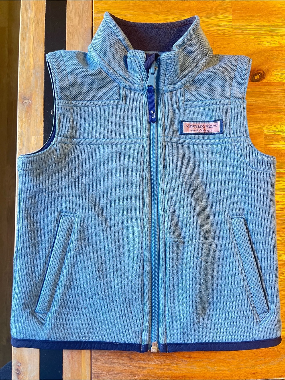 Vineyard Vines Light Blue Fleece Zip-Up Vest with Navy Trim
